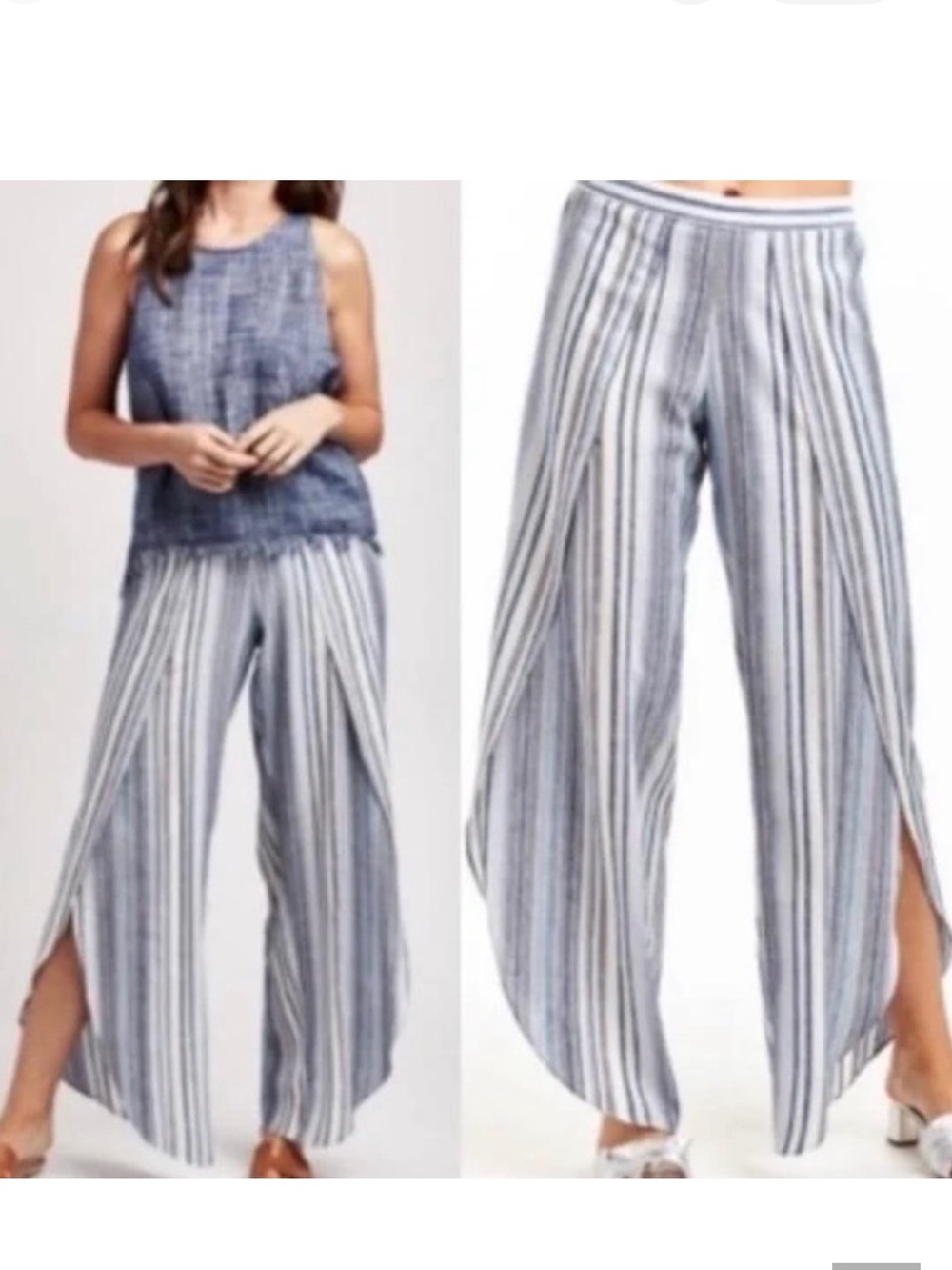 DREW Whitney Linen Blended Striped Split Tulip Hem XS Wide Leg